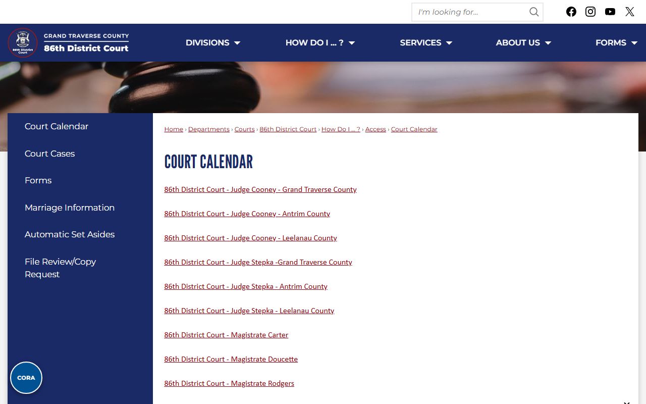 Leelanau County court dockets 86th District Court calendar page