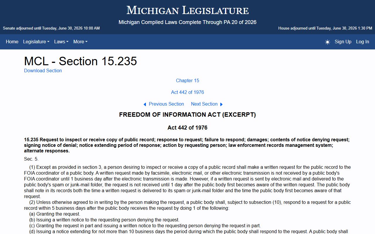 Leelanau County court dockets Michigan FOIA response timing statute page