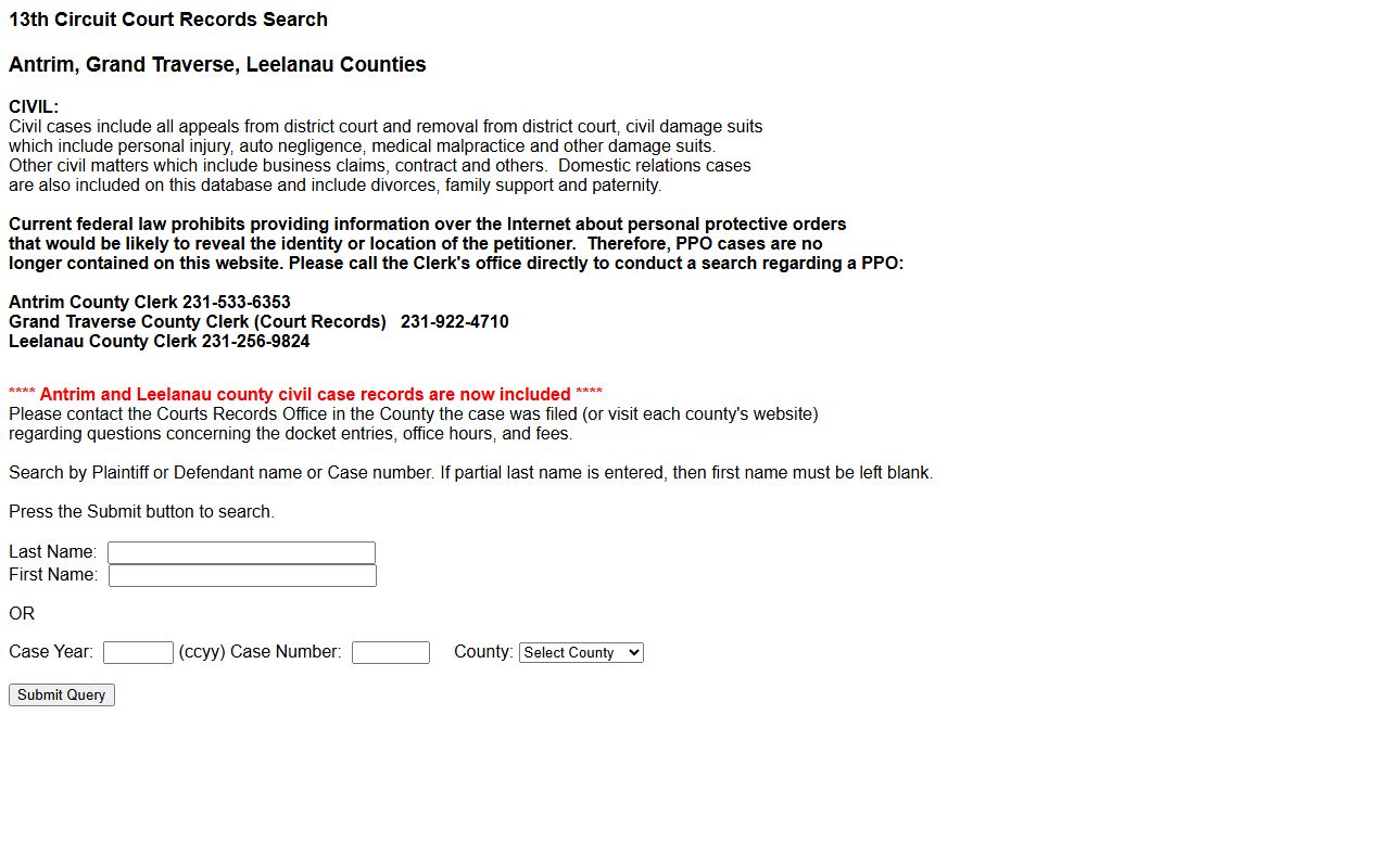 Leelanau County court records 13th Circuit civil records search portal