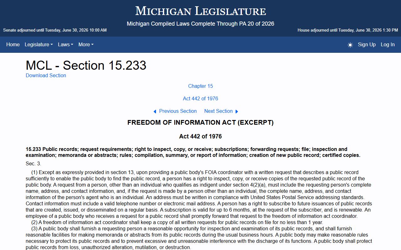 Leelanau County court records Michigan FOIA inspection and copy statute page