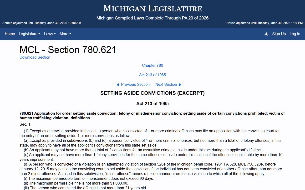 Leelanau County criminal court records Michigan set-aside application statute