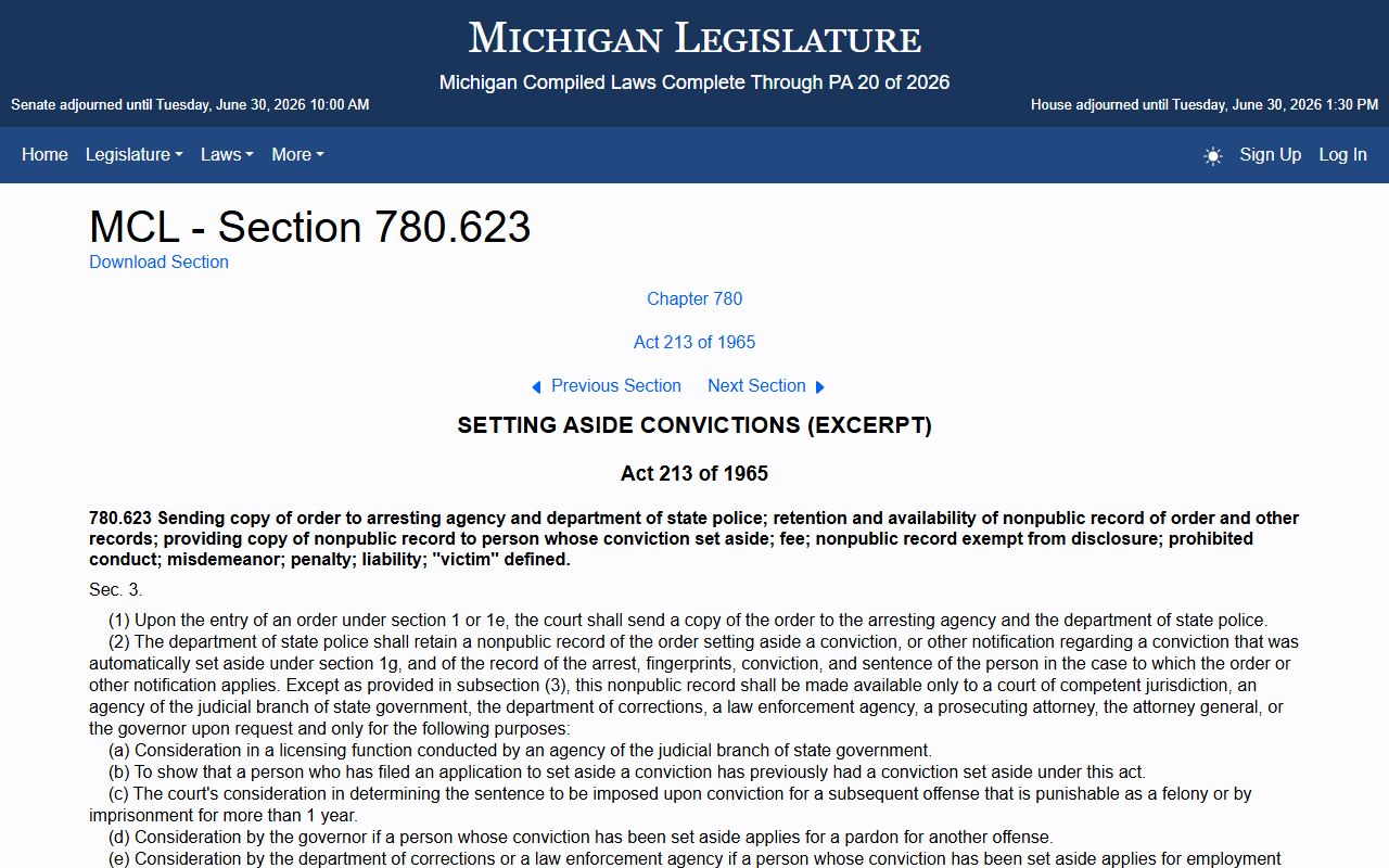 Leelanau County criminal court records Michigan set-aside effect statute
