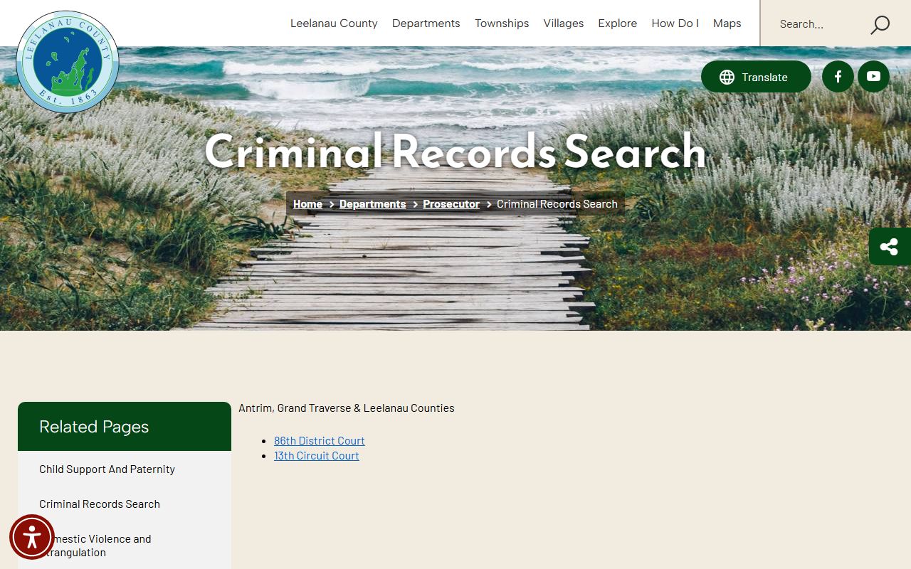 Leelanau County criminal court records prosecutor records search page