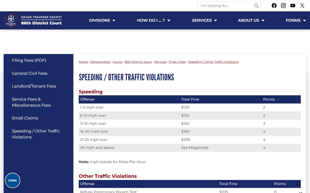 Leelanau County 86th District Court traffic violation fine and points records