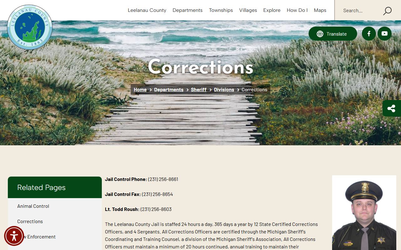 Leelanau County Corrections page with jail control, visitation, and inmate fee information