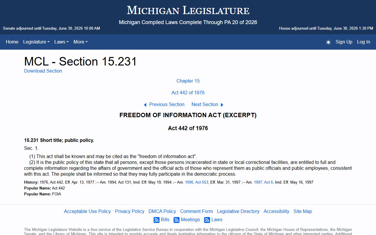 Leelanau County court records Michigan FOIA policy statute page