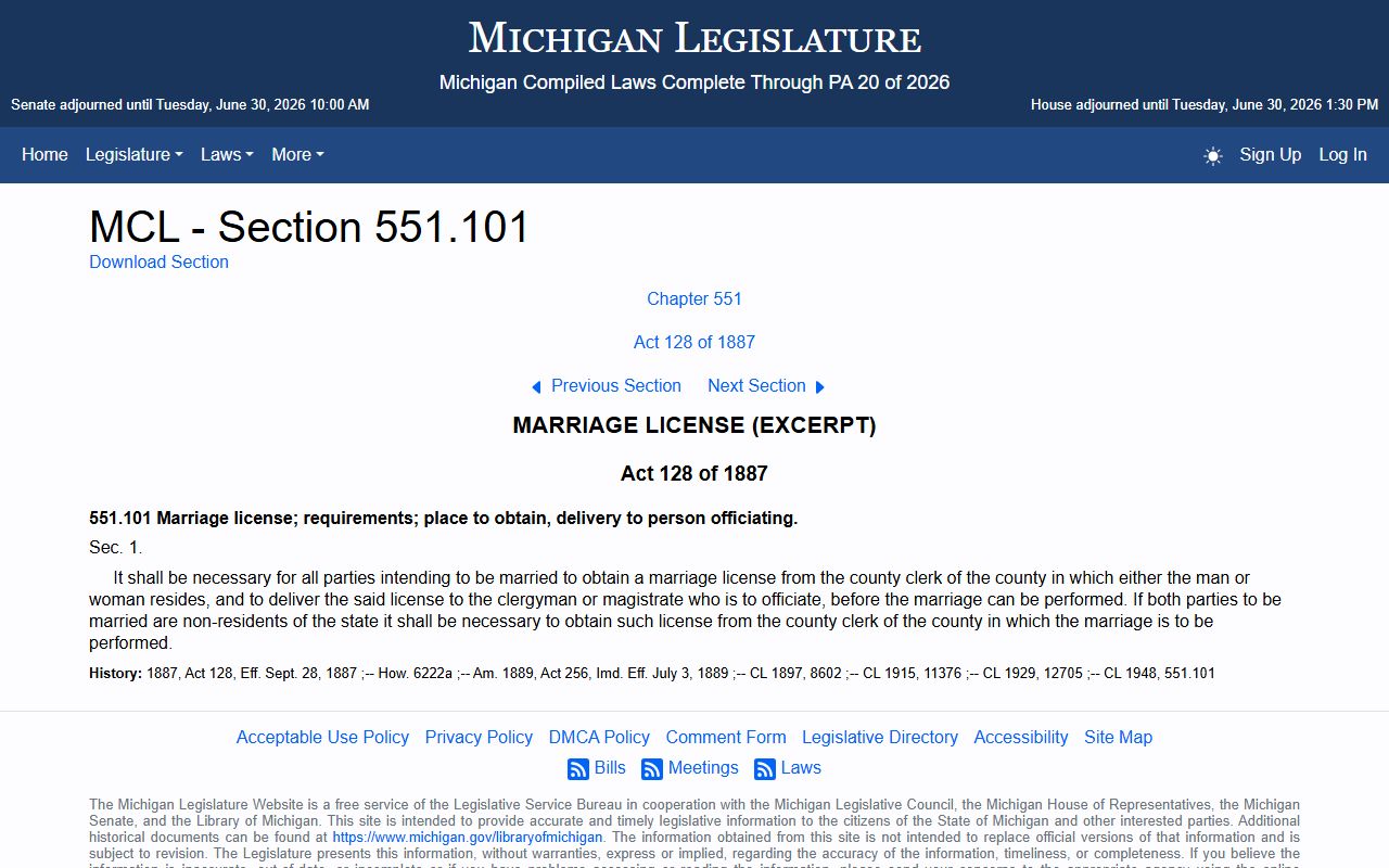 Leelanau County marriage records Michigan marriage license statute MCL 551.101