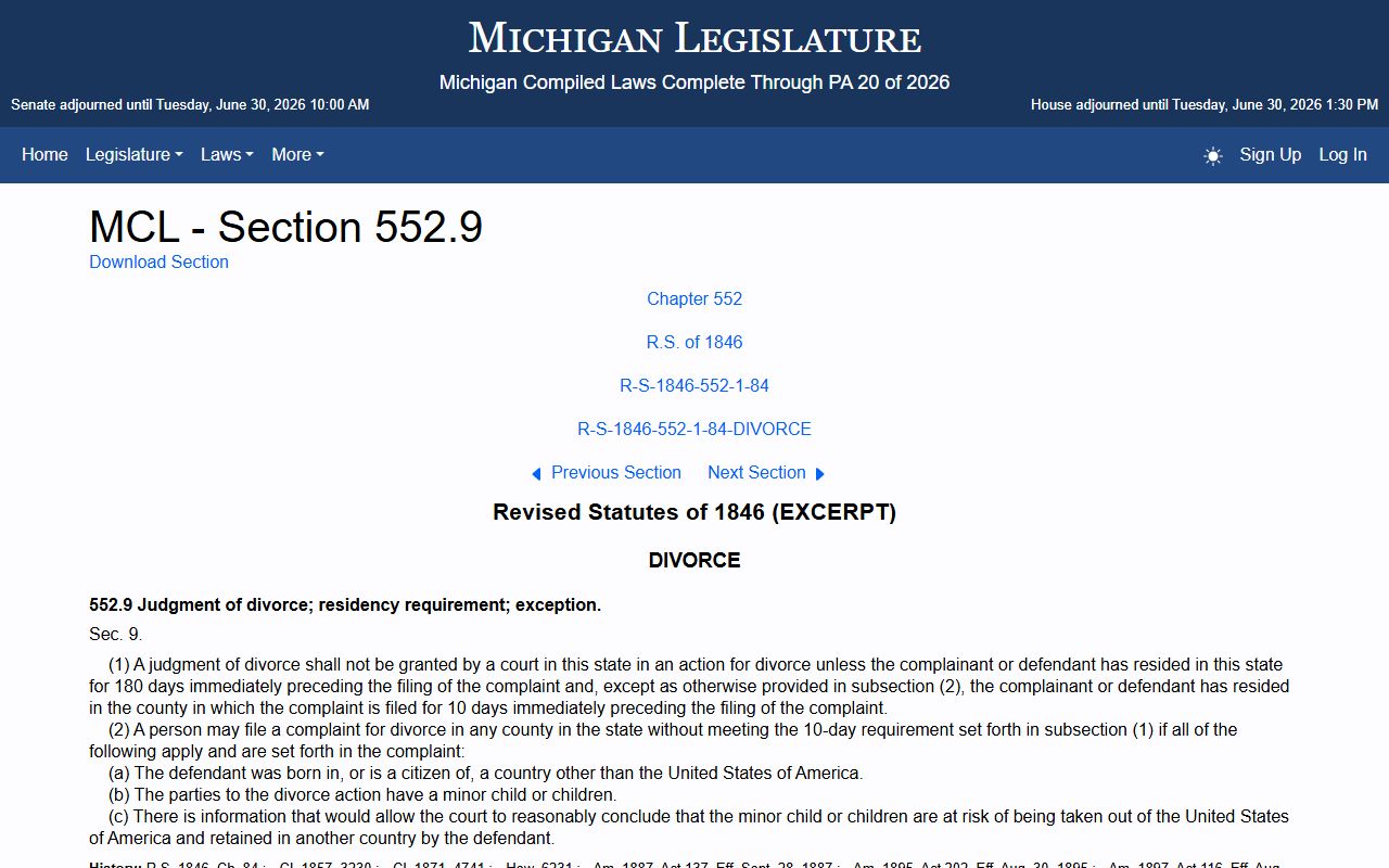 Leelanau County divorce records Michigan divorce residency statute MCL 552.9