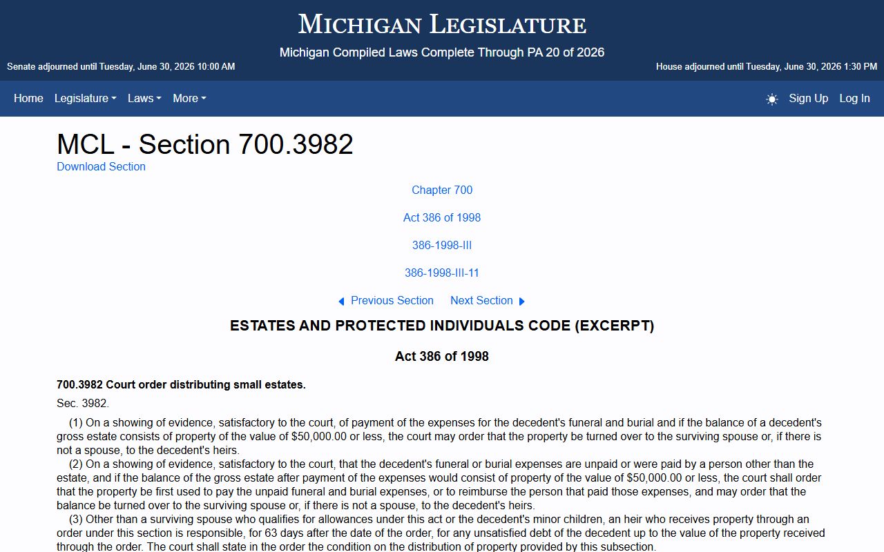 Leelanau County probate records Michigan small estate assignment statute
