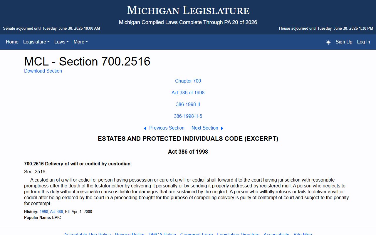 Leelanau County probate records Michigan will delivery statute
