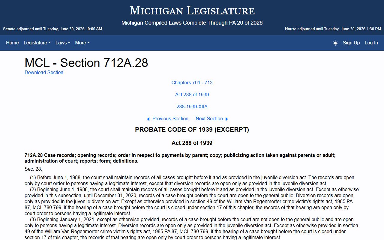 Michigan juvenile record confidentiality statute affecting Leelanau County warrant records