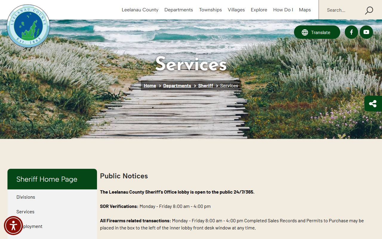 Leelanau County Sheriff services and fees page used for warrant and records questions